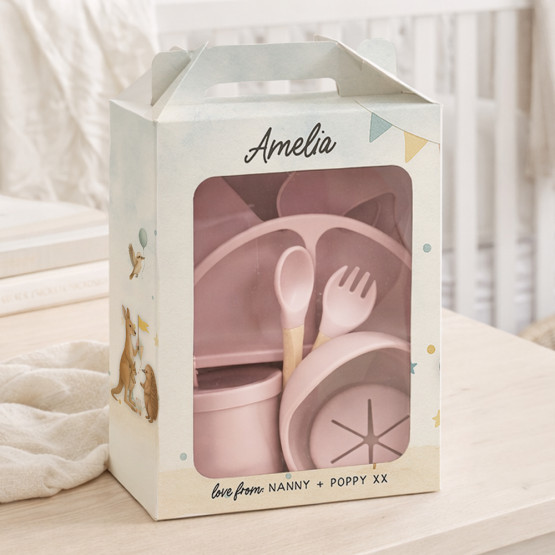 7 Piece Silicone Baby Feeding Set in a Personalised Gift Box