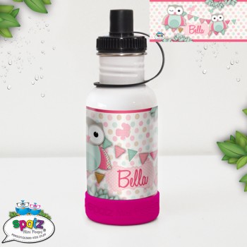 Personalised Kids Stainless Steel Drink Bottle Pop top Straw Top BPA Free Owls