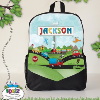 Personalised Kids Backpack Trains, Cars, Trucks