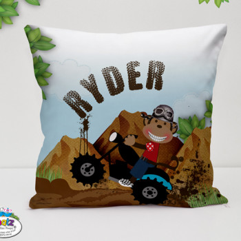 kids name on cushion monkey motorbike