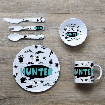 Personalised Kids Melamine Dinner Set Monsters Grrr