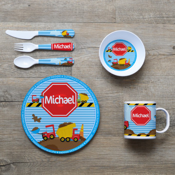 Personalised Kids Melamine Dinner Set Diggers & Dumptrucks