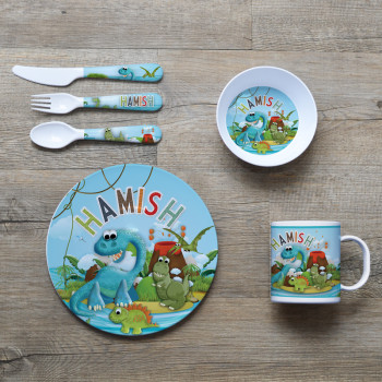 Personalised Kids Melamine Dinner Set Dinosaur Island