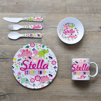 Personalised Kids Melamine Dinner Set - Floral Dinosaurs