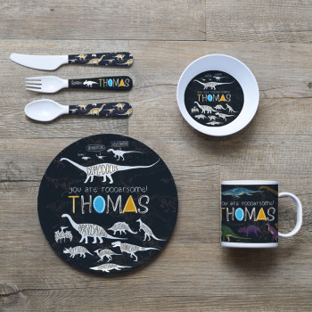 Personalised Kids Melamine Dinner Set Retro Dinosaurs
