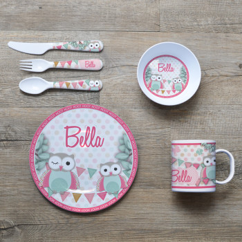 Personalised Kids Melamine Dinner Set - Pastel Owls