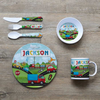 Personalised Kids Melamine Dinner Set Trains, Cars & Trucks