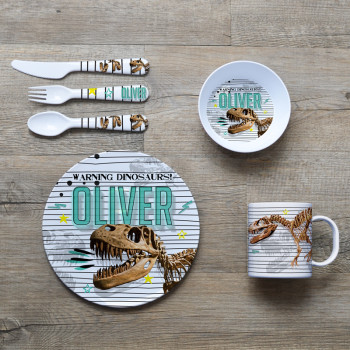Personalised Kids Melamine Dinner Set T-Rex Dinosaur