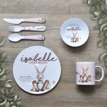 Personalised Kids Melamine Dinner Set Snuggle Bunny Rabbit Pink