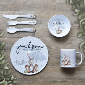 Personalised Kids Melamine Dinner Set Snuggle Bunny Rabbit Blue