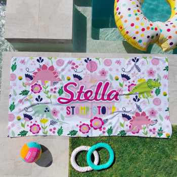 Personalised Kids Beach Towels Floral Dinosaurs