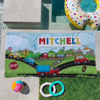 Personalised Kids Beach Towels Trains, Cars & Trucks