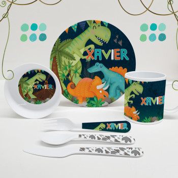 Personalised Kids Melamine Dinner Set - Dinosaur Volcano
