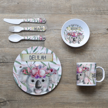 Personalised Kids Melamine Dinner Set Koala Love Floral