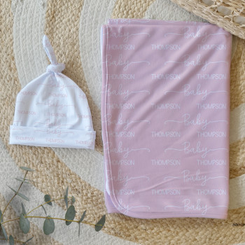 Personalised Baby Blanket & Beanie Set - Pastel Pink