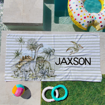 Personalised Kids Beach Towels Tropical Stomp Dinosaurs