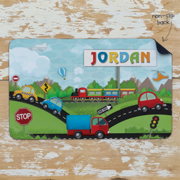 Personalised Non Slip Kids Dinner Placemats Trains, Cars & Trucks