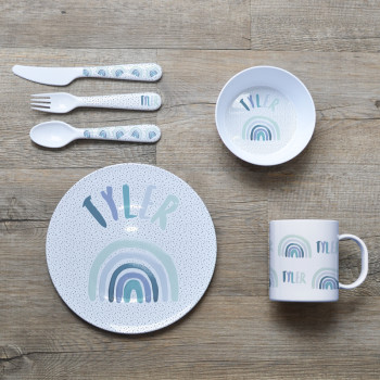 Personalised Kids Melamine Dinner Set Rainbows Blue