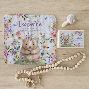 Personalised Baby Blanket & Keepsake Box Gift Sets - Floral Wombat