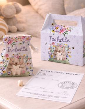 Personalised tooth fairy bag and matching gift box set with floral woodland design, keepsake receipt and first tooth memory set