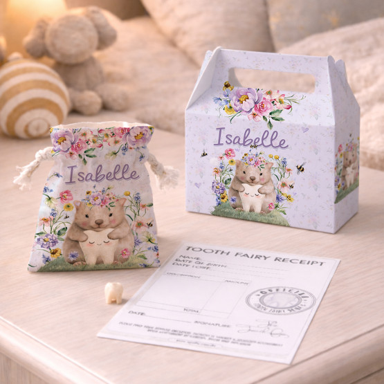 Personalised tooth fairy bag and matching gift box set with floral woodland design, keepsake receipt and first tooth memory set