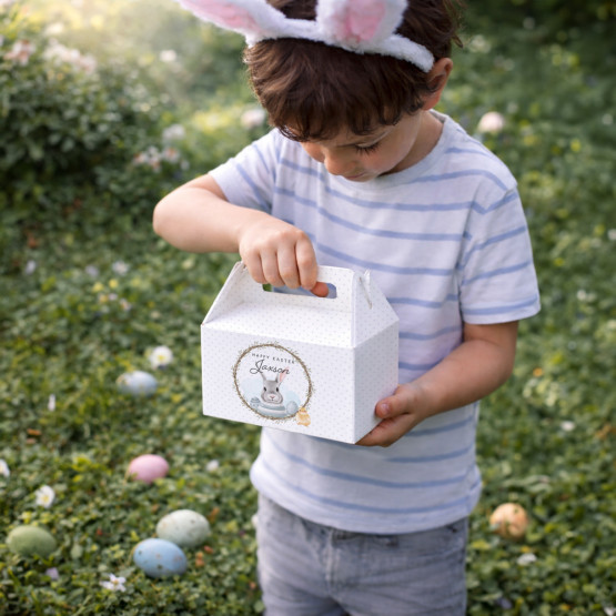 Child wearing bunny ears holding a personalised Easter gift box during an Easter egg hunt outdoors