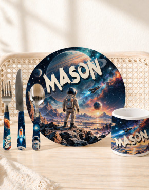 Personalised space themed big kids melamine dinner set with astronaut plate, matching mug and stainless steel cutlery