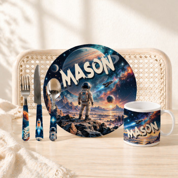 Personalised space themed big kids melamine dinner set with astronaut plate, matching mug and stainless steel cutlery