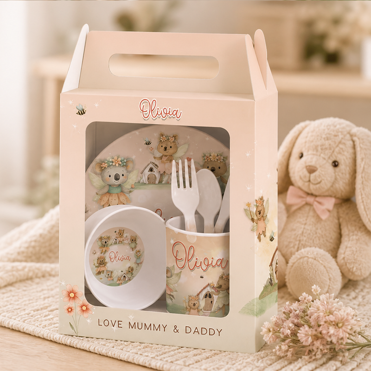 Beautifully boxed personalised kids dinner set