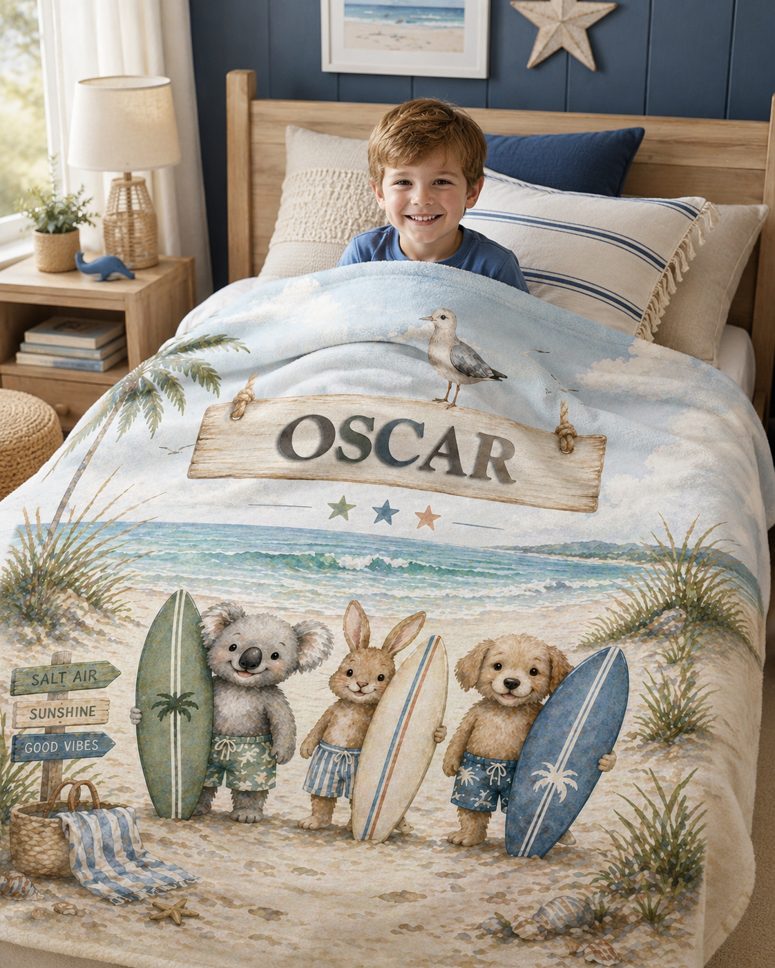 Personalised fleece blanket styled on a child's bed