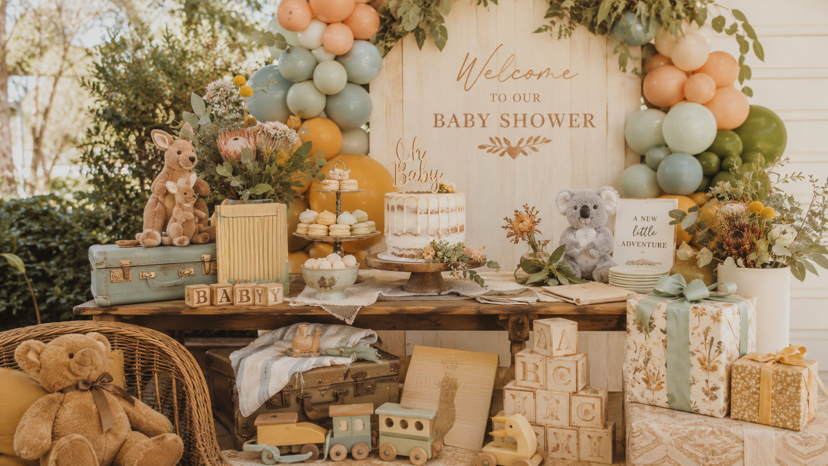 Aussie animal baby shower theme with koala, wombat, eucalyptus decorations and personalised baby gifts