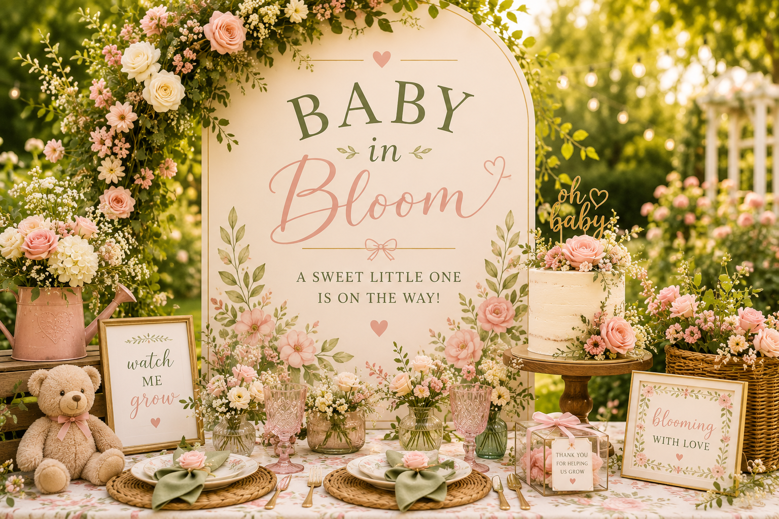 Baby in Bloom baby shower with floral decorations, soft pastel balloons and personalised baby gifts