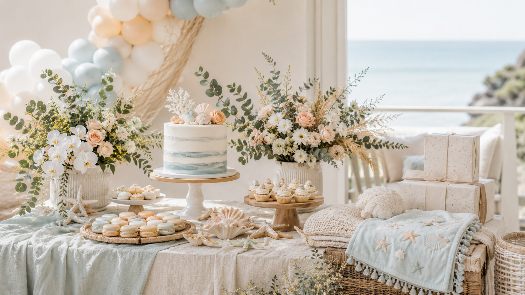 Coastal baby shower theme with soft blue balloons, shells, linen table setting and personalised baby gift