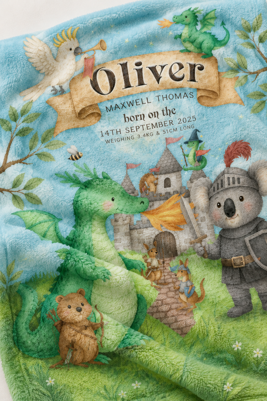 Close up of personalised fleece blanket fabric and print detail