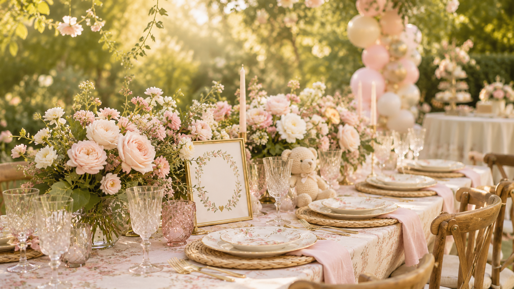 Garden party baby shower with floral table setting and pastel baby shower decorations