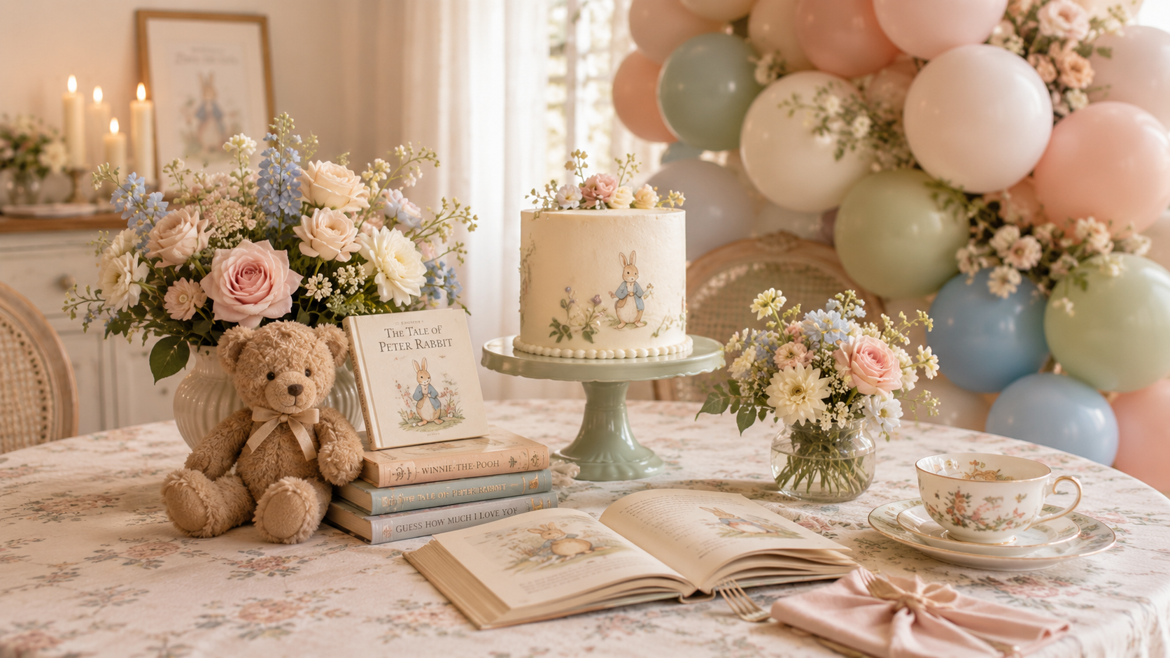 Storybook baby shower theme with classic children's books, soft toys and personalised baby keepsakes