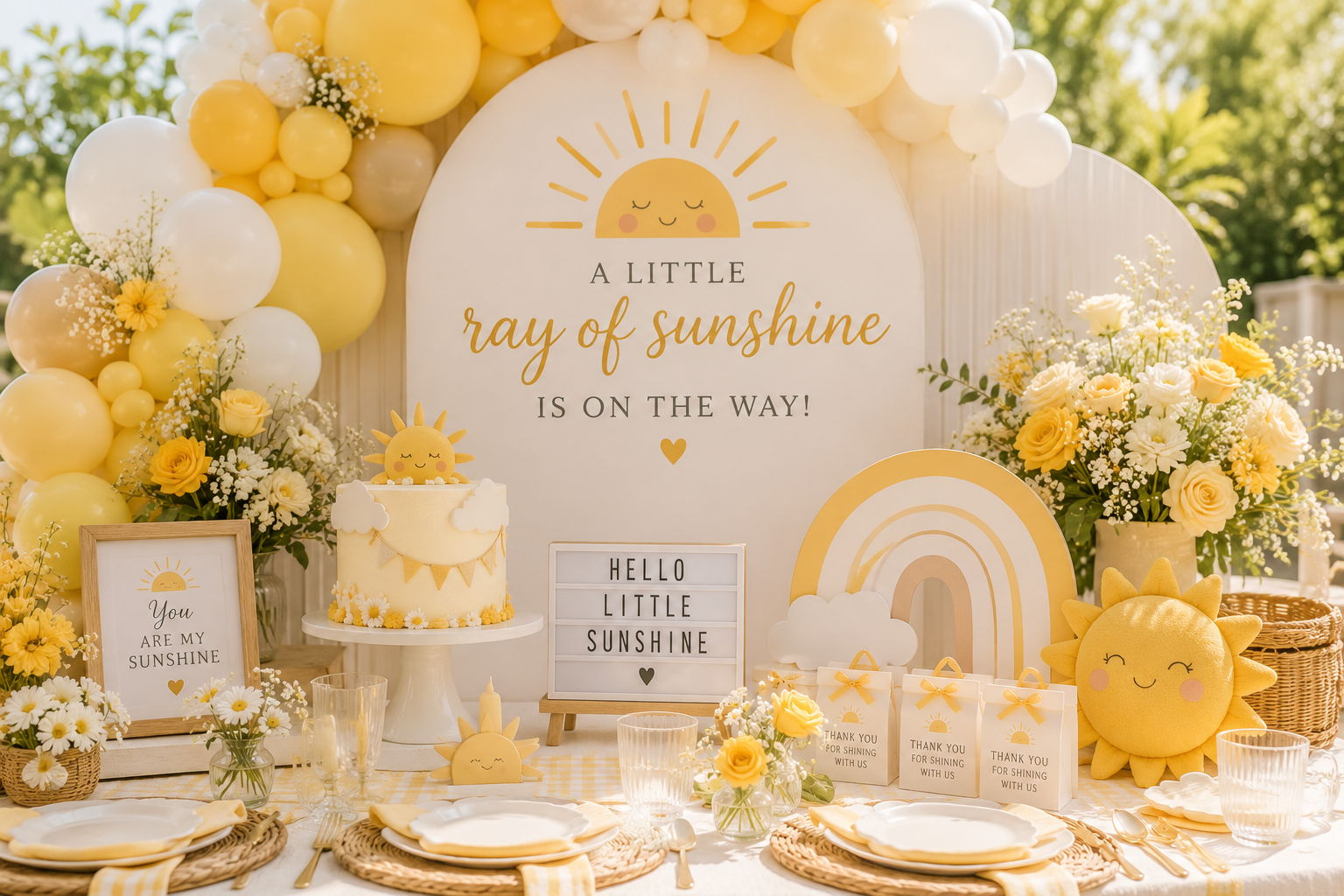 Beautiful modern baby shower table with personalised baby gifts, soft balloons, flowers and baby shower decorations