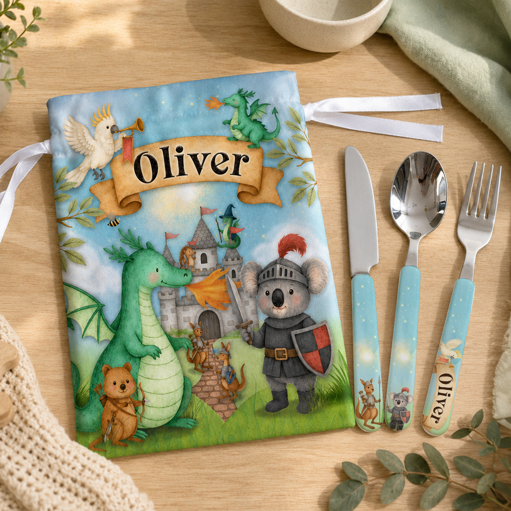 Personalised Kids Stainless Steel Cutlery Set + Bag