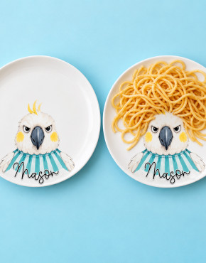 Two cockatoo plates personalised with the name Mason, one empty and the other with spaghetti arranged as hair.