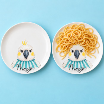 Two cockatoo plates personalised with the name Mason, one empty and the other with spaghetti arranged as hair.